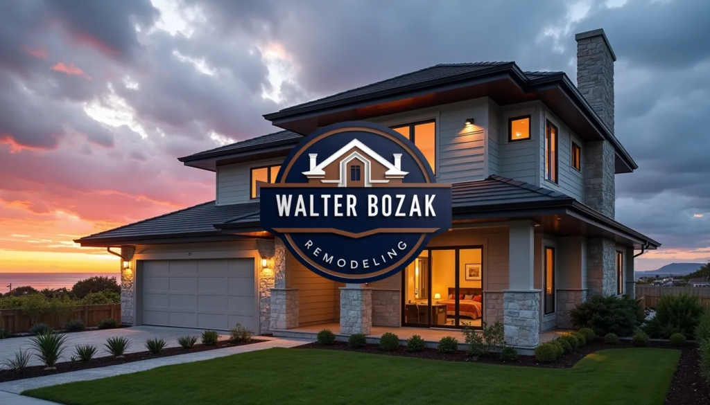 Modern coastal home exterior with impact windows, architectural shutters, and durable siding, photographed during sunset with dramatic clouds, architectural photography style