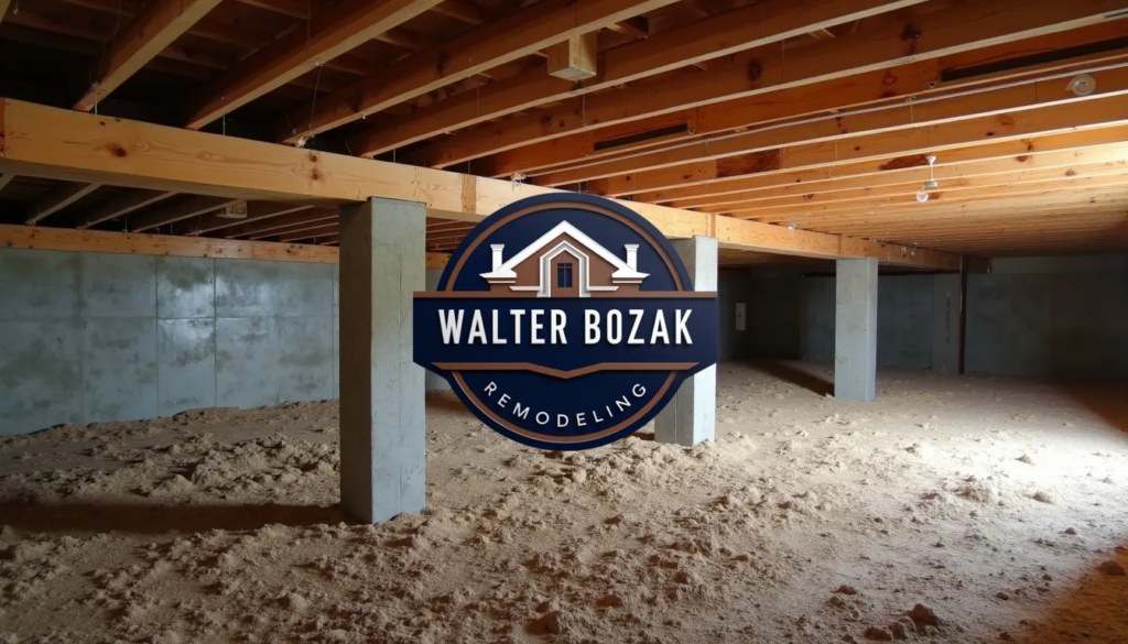 Picture of floor joists from a crawl space, joists are supported by thick concrete piers and wooden beam foundation, photorealistic, completely flat dirt and gravel floor, very dimly lit, construction photography.