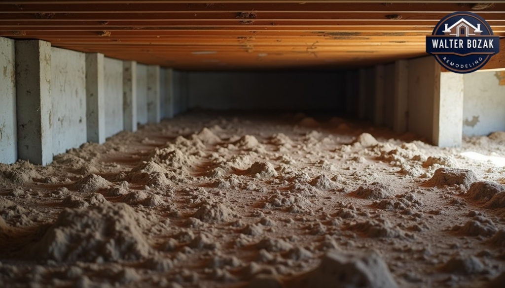 Picture of floor joists from a crawl space, joists are supported by thick concrete piers and wooden beam foundation, photorealistic, completely flat dirt and gravel floor, very dimly lit, construction photography.
