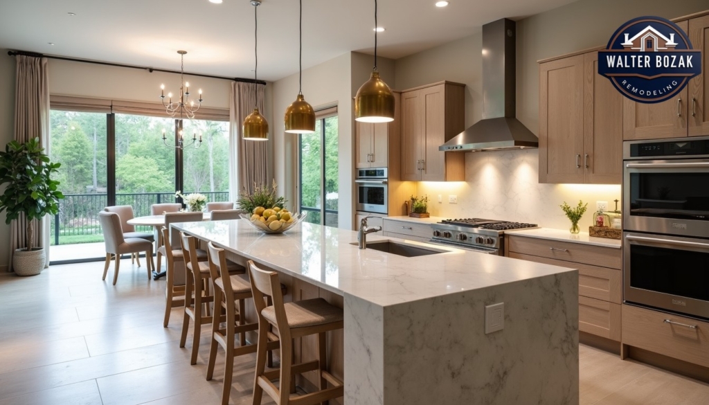 Large kitchen island with waterfall quartz countertop, pendant lighting, comfortable seating, and built-in storage, natural lighting, food photography style