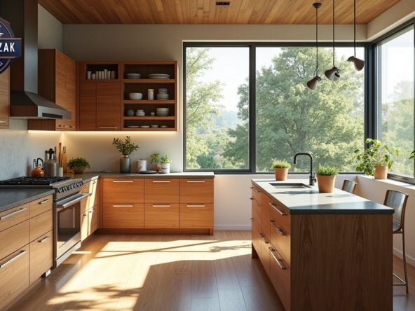 Modern kitchen featuring reclaimed wood cabinets, recycled glass countertops, and energy-efficient appliances, bathed in natural light, plants visible through large windows, photorealistic