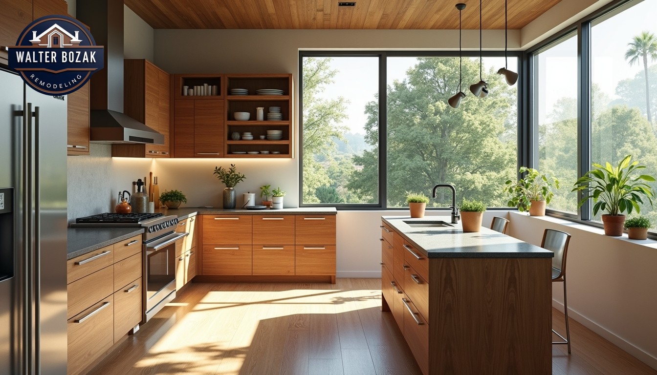 Modern kitchen featuring reclaimed wood cabinets, recycled glass countertops, and energy-efficient appliances, bathed in natural light, plants visible through large windows, photorealistic