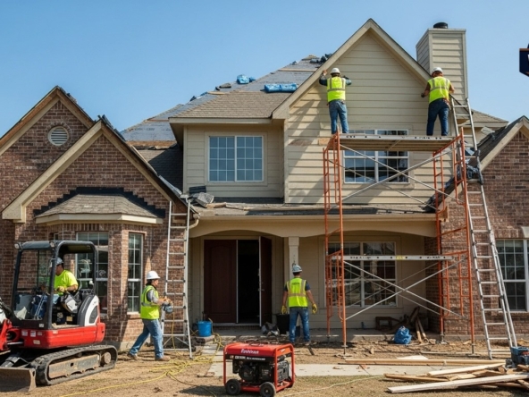 Professional restoration team working on storm-damaged home