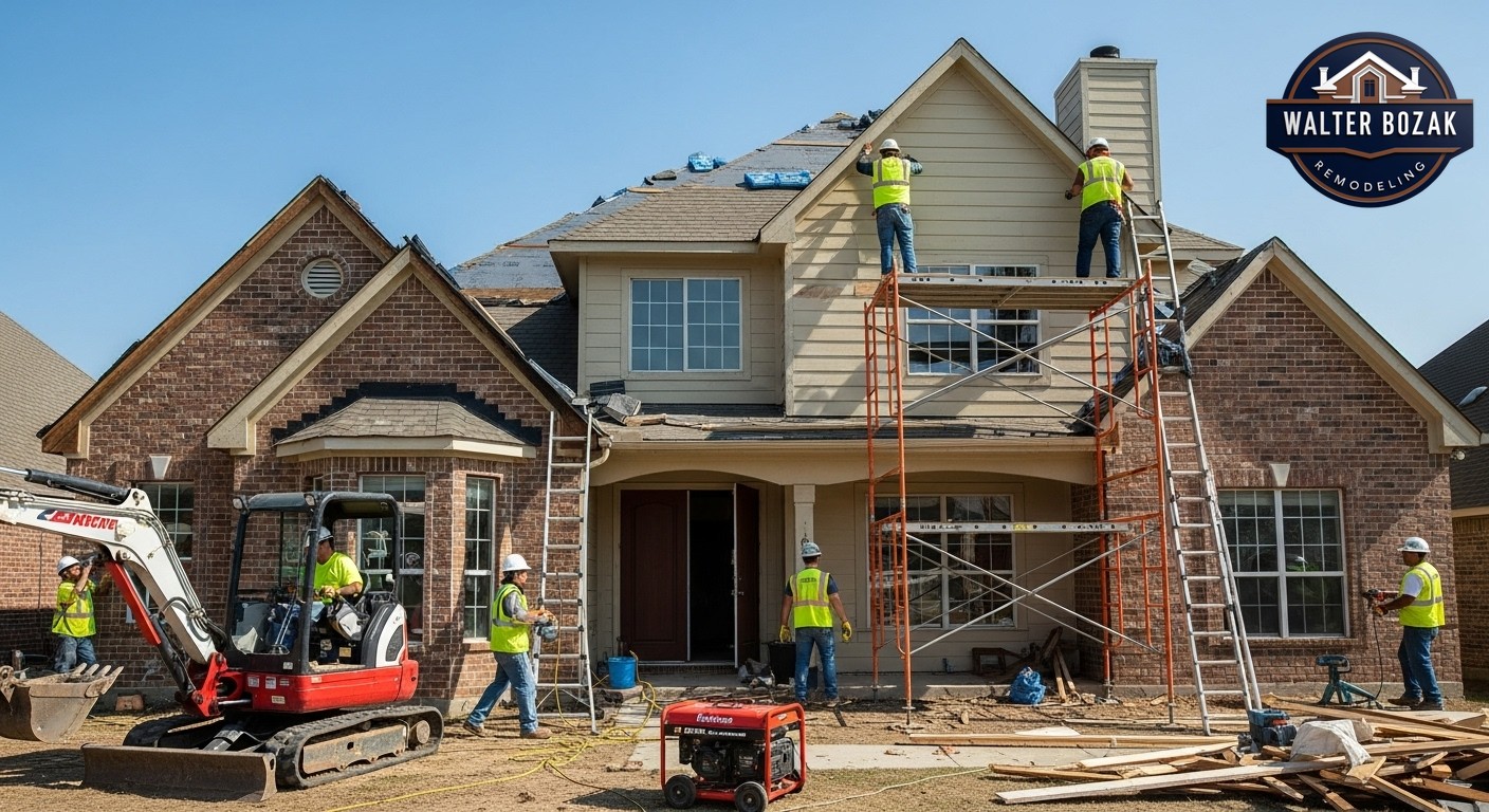 Professional restoration team working on storm-damaged home