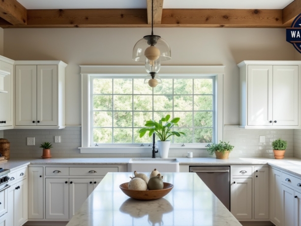 Professional architectural photography of a bright, modern kitchen with white shaker cabinets and marble countertops, featuring restored vintage wooden beams on the ceiling and a classic window frame, soft natural lighting, 8k detail.