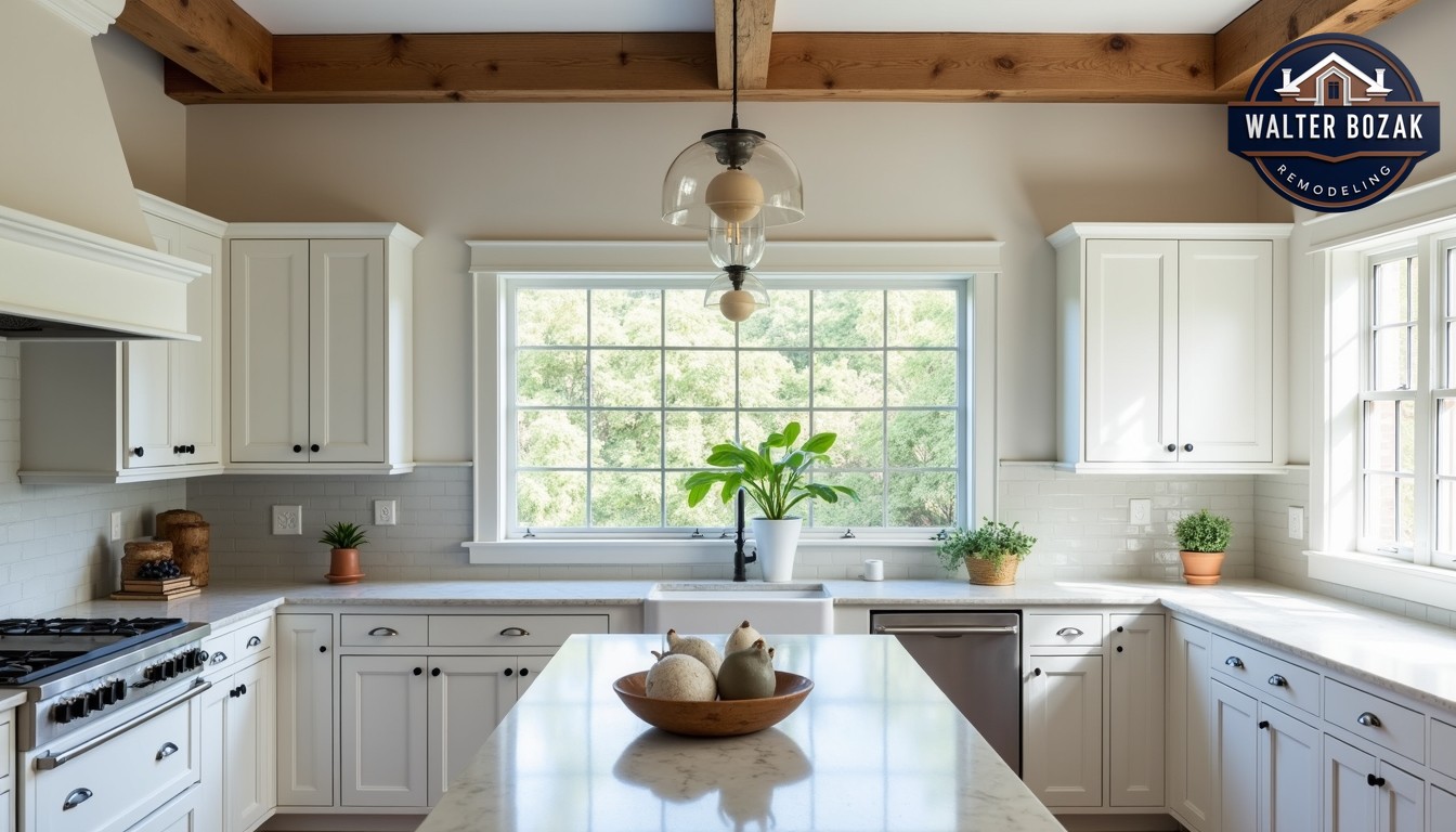 Professional architectural photography of a bright, modern kitchen with white shaker cabinets and marble countertops, featuring restored vintage wooden beams on the ceiling and a classic window frame, soft natural lighting, 8k detail.