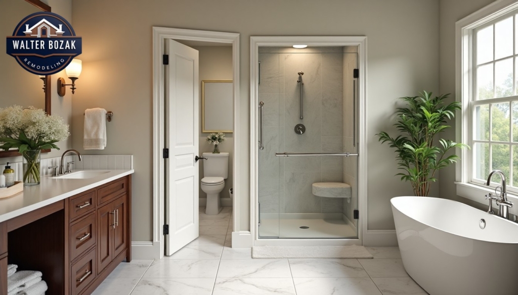 An elegant bathroom featuring stylish universal design elements