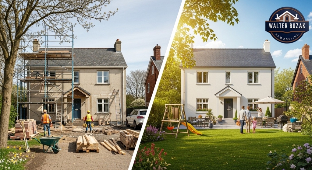 Split-screen style image showing same house in different seasons