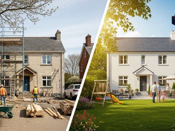 Split-screen style image showing same house in different seasons