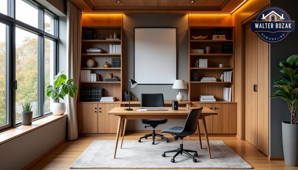 Professional home office space with built-in bookshelves, ergonomic workspace, and video conferencing setup, warm wood tones, natural light from large windows, architectural photography