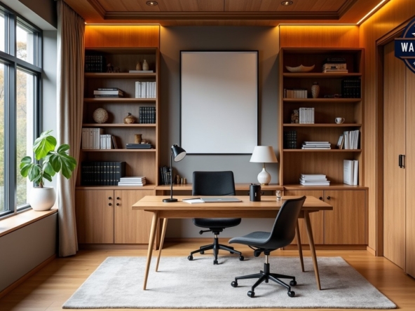 Professional home office space with built-in bookshelves, ergonomic workspace, and video conferencing setup, warm wood tones, natural light from large windows, architectural photography