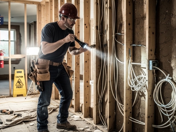 Professional contractor inspecting exposed wall framing