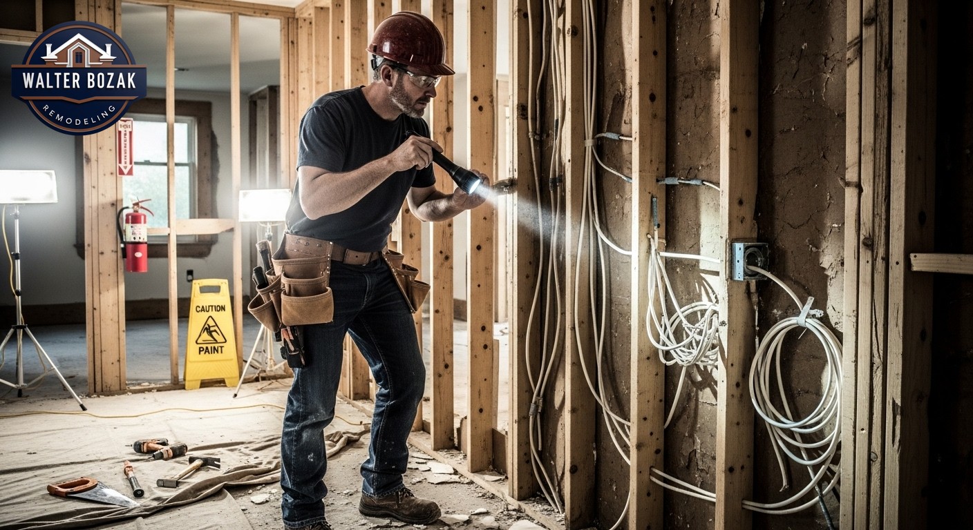 Professional contractor inspecting exposed wall framing