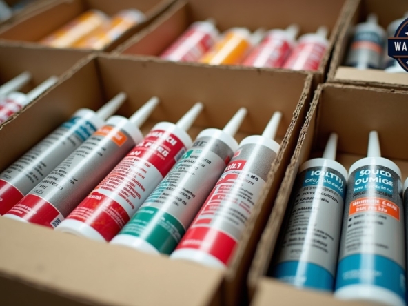 Open boxes of caulk, lots of tubes of caulk, colorful labels with no words, photorealistic, for magazine photography.