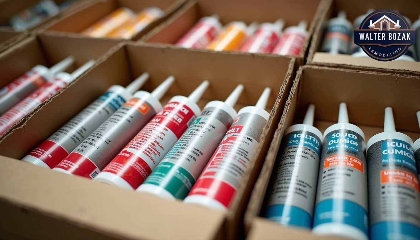 Open boxes of caulk, lots of tubes of caulk, colorful labels with no words, photorealistic, for magazine photography.