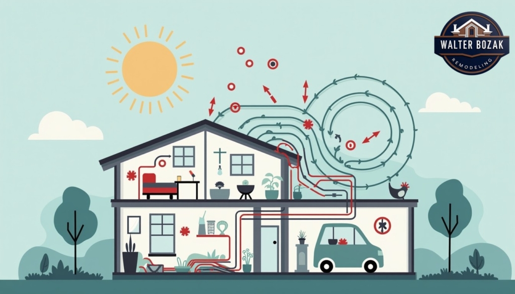Circulating airflow diagram in a house with no words, no letters, and no symbols.