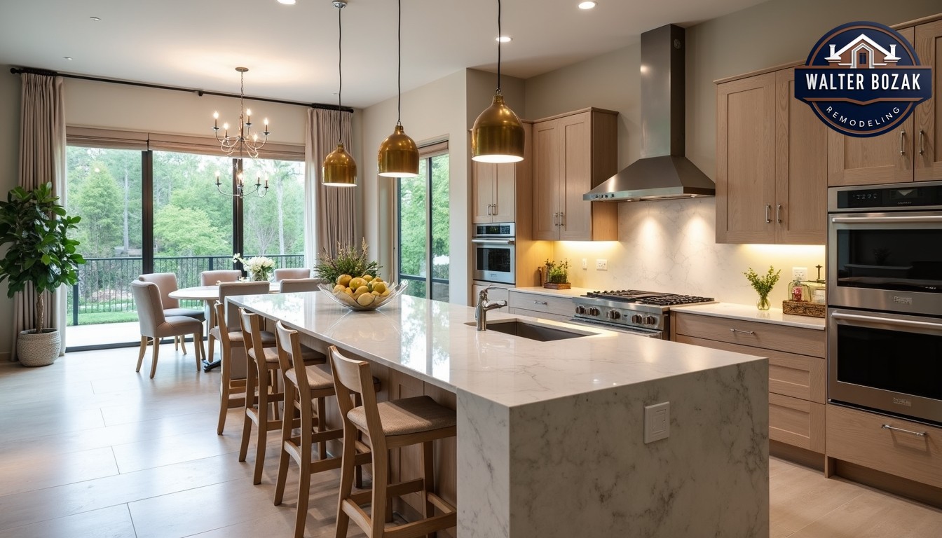 Large kitchen island with waterfall quartz countertop, pendant lighting, comfortable seating, and built-in storage, natural lighting, food photography style