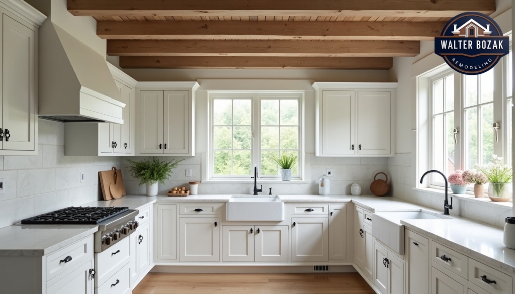 Professional architectural photography of a bright, modern kitchen with white shaker cabinets and marble countertops, featuring restored vintage wooden beams on the ceiling and a classic window frame, soft natural lighting, 8k detail.