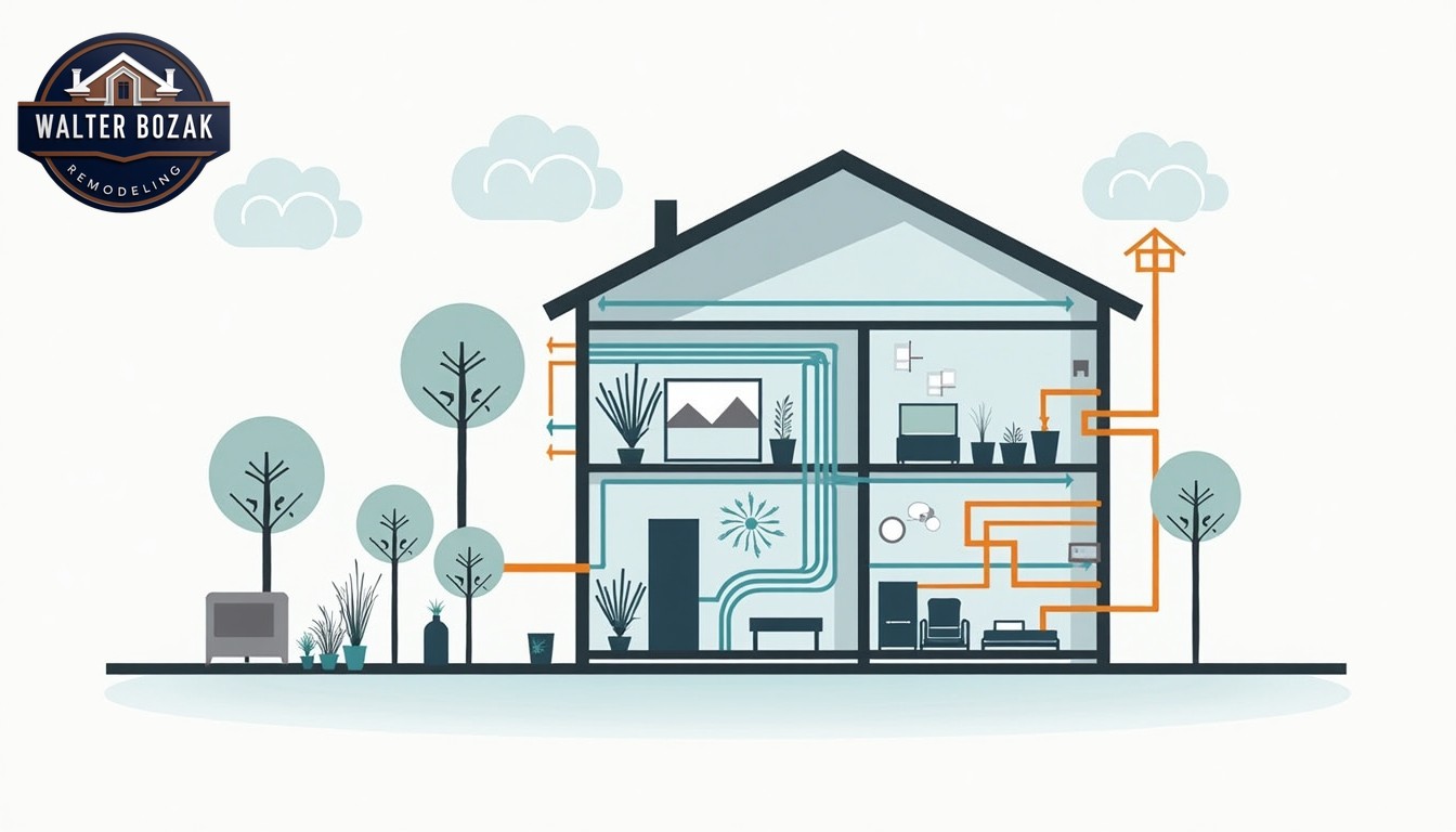 Diagram of circulating airflow in a house with no words, no letters, and no symbols