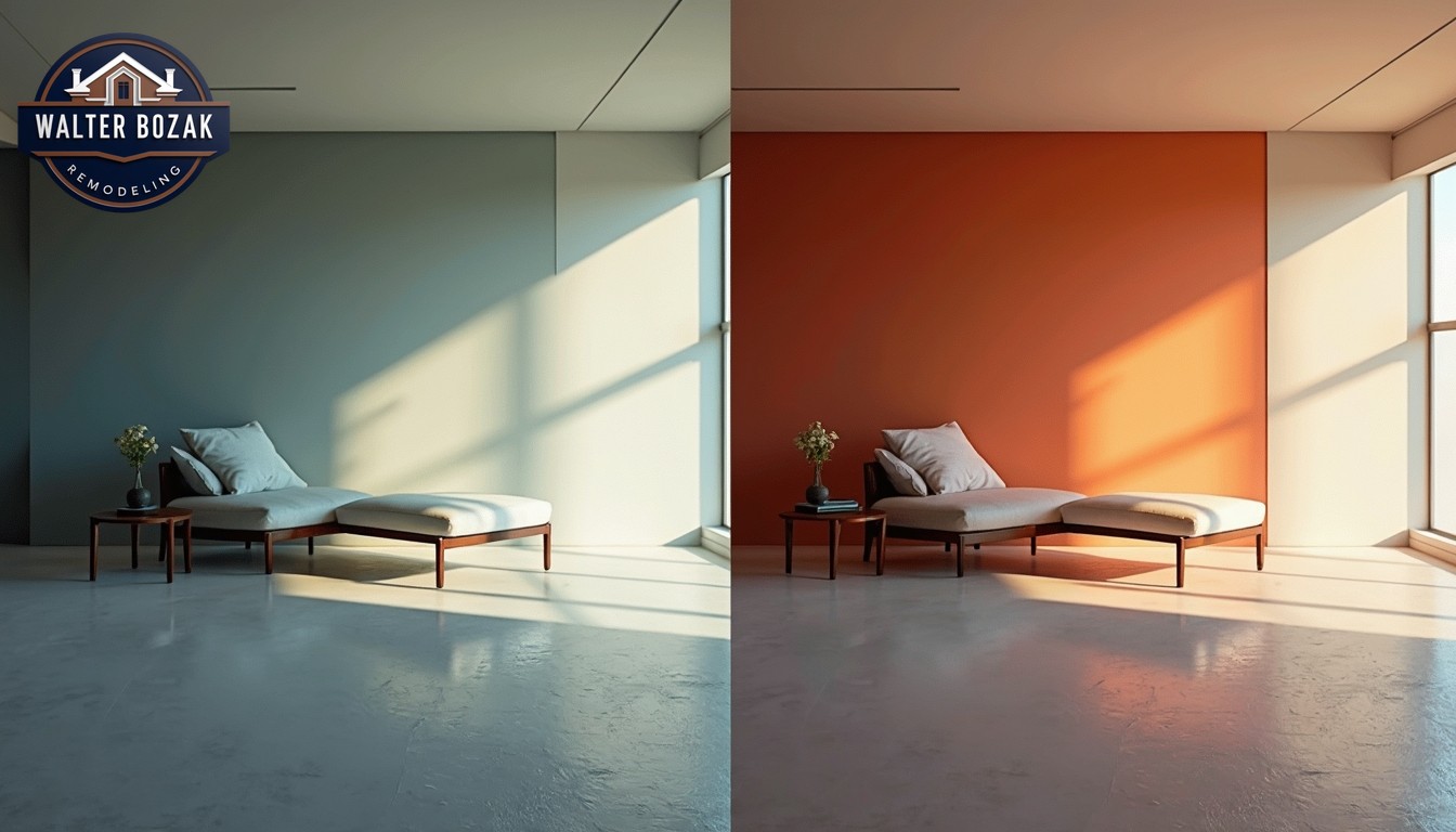 Split comparison showing same paint color under different lighting conditions, professional color theory demonstration, technical photography.