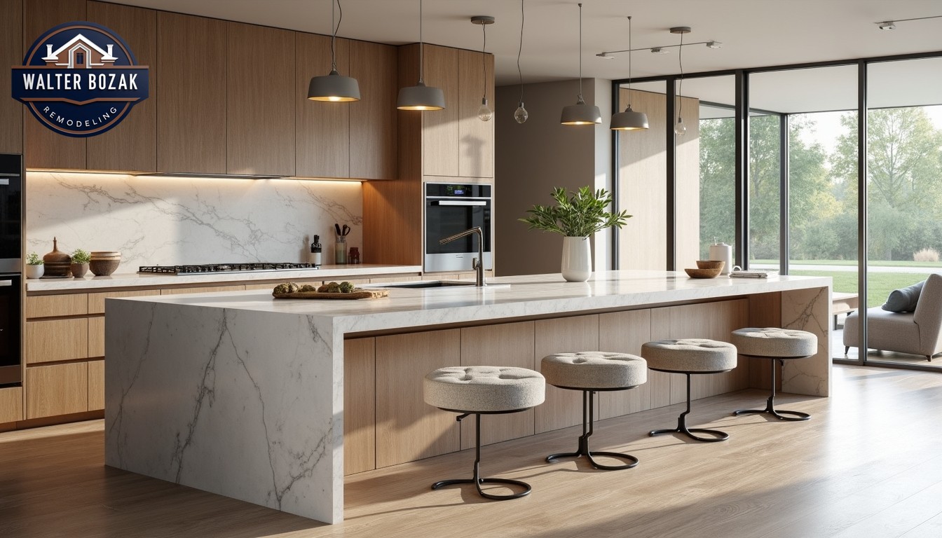 Large kitchen island with waterfall quartz countertop, pendant lighting, comfortable seating, and built-in storage, natural lighting, food photography style