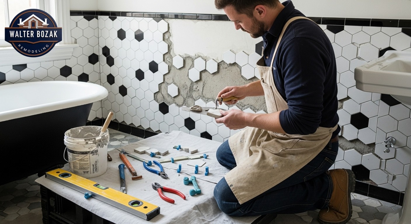 Craftsperson carefully restoring vintage bathroom tile