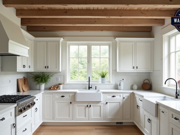 Professional architectural photography of a bright, modern kitchen with white shaker cabinets and marble countertops, featuring restored vintage wooden beams on the ceiling and a classic window frame, soft natural lighting, 8k detail.
