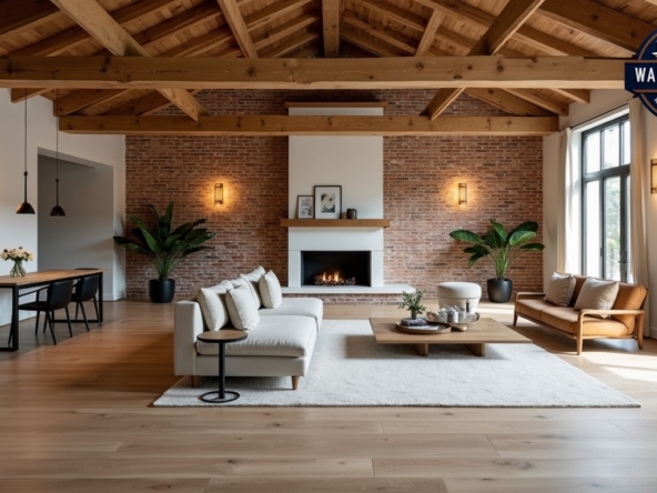 Open concept living space with farmhouse elements like exposed wooden beams and brick wall, combined with modern minimalist furniture and lighting, wide-angle architectural photography.