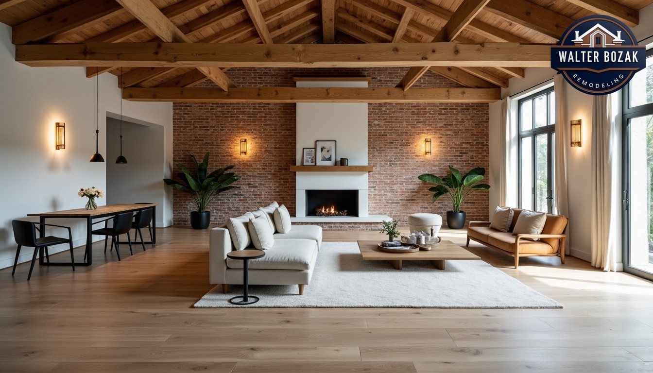 Open concept living space with farmhouse elements like exposed wooden beams and brick wall, combined with modern minimalist furniture and lighting, wide-angle architectural photography.