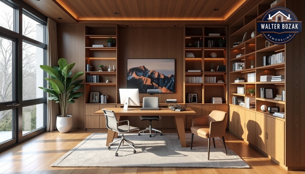 Professional home office space with built-in bookshelves, ergonomic workspace, and video conferencing setup, warm wood tones, natural light from large windows, architectural photography