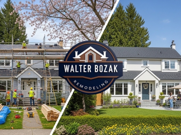 Split-screen style image showing same house in different seasons