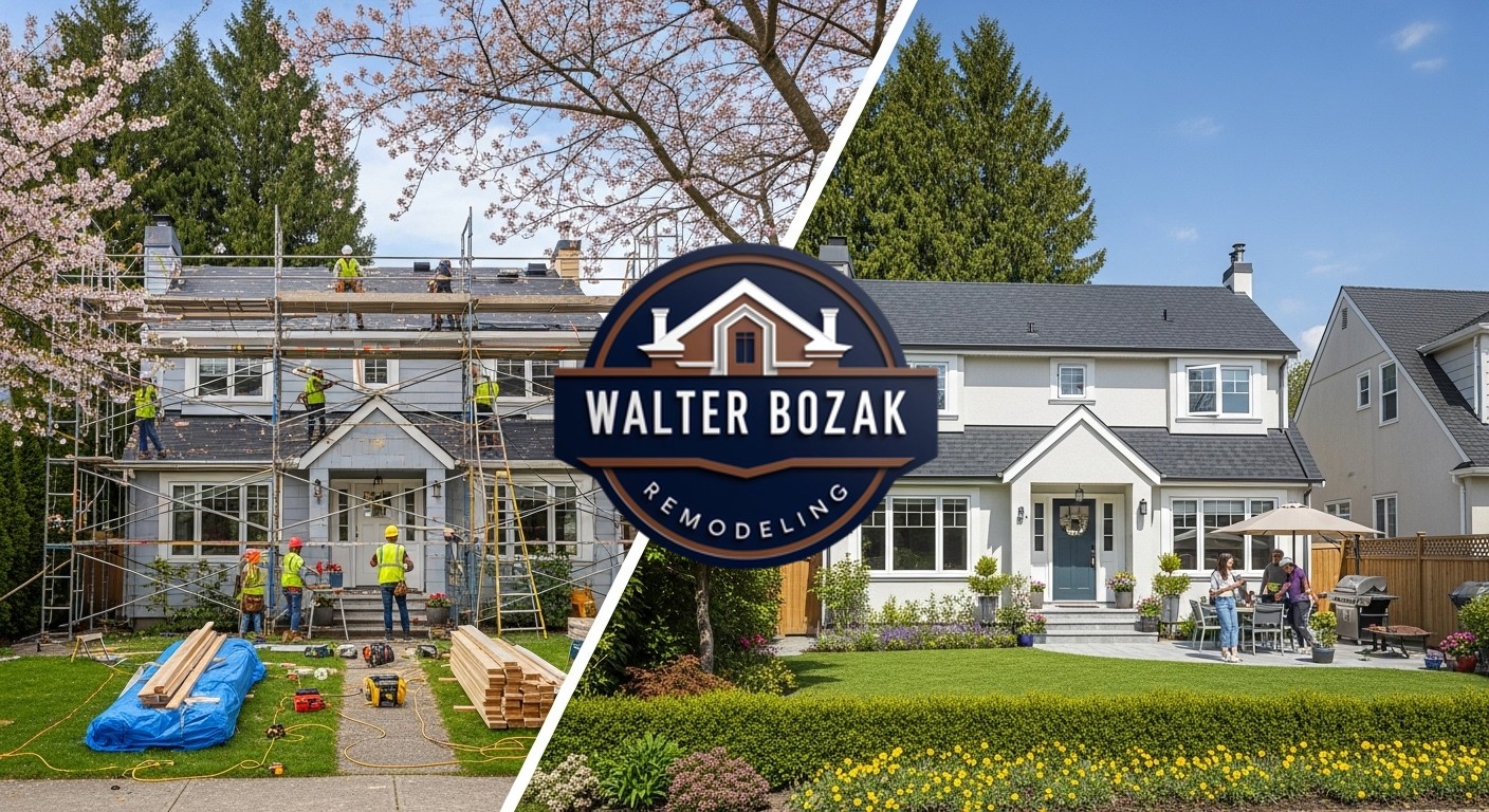 Split-screen style image showing same house in different seasons