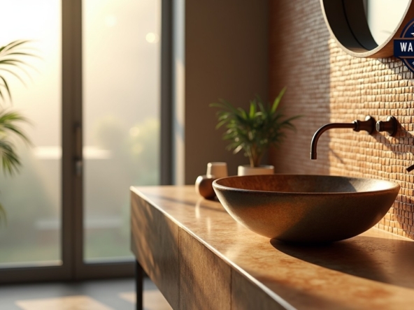 Elegant bathroom interior with a handcrafted ceramic sink bowl, artisan-made copper fixtures, and a custom mosaic tile wall in earth tones, morning light streaming through frosted glass, photorealistic.