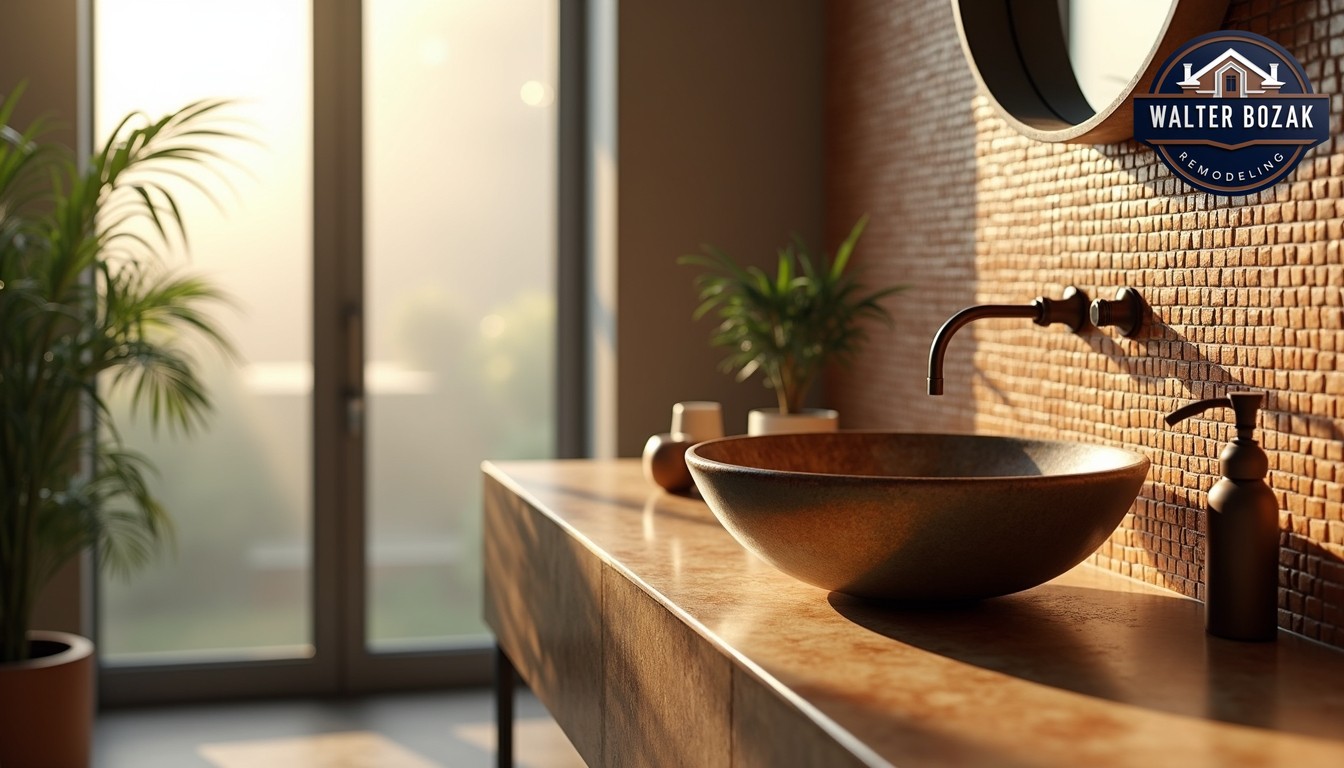 Elegant bathroom interior with a handcrafted ceramic sink bowl, artisan-made copper fixtures, and a custom mosaic tile wall in earth tones, morning light streaming through frosted glass, photorealistic.