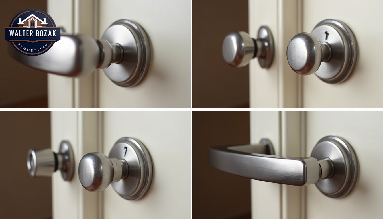 Split-screen four ways showing various cabinet hardware types, close-up quality comparison. Professional product or magazine photography.