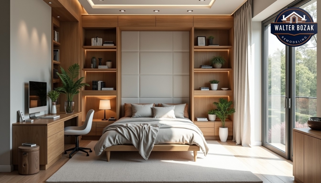 Clever multi-functional space with murphy bed transitioning to home office, built-in storage solutions, large windows, photographed with wide-angle lens, natural lighting, architectural style.