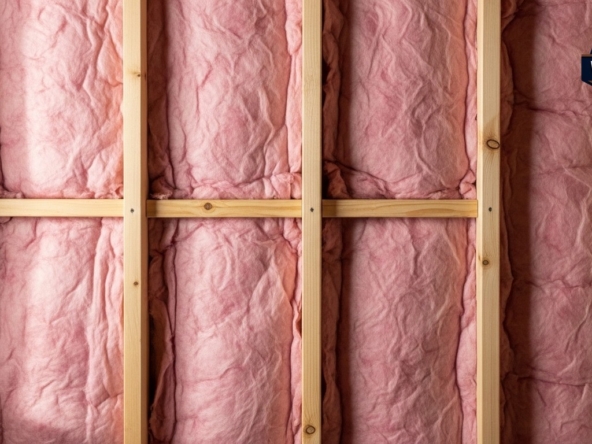 A close-up view of pink bats of insulation