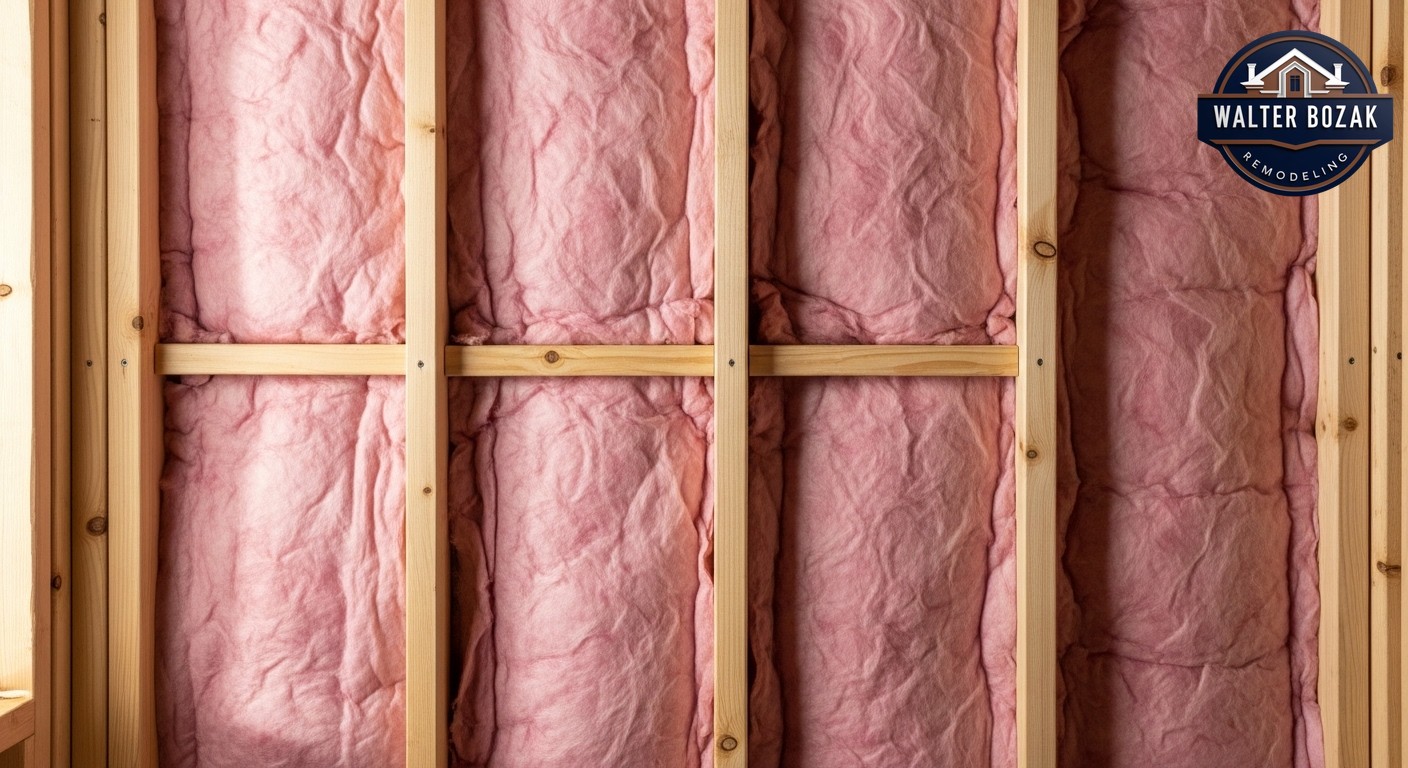 A close-up view of pink bats of insulation