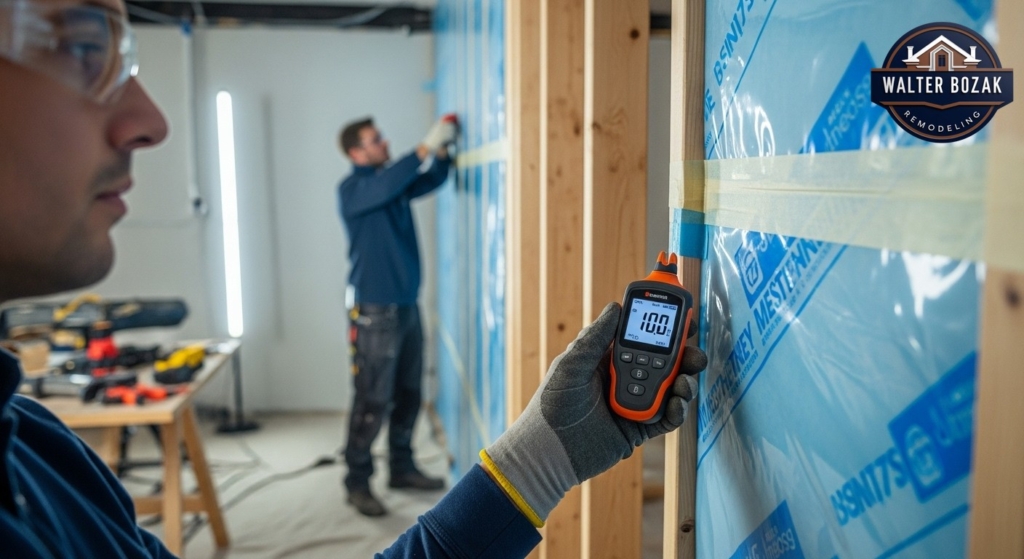 Professional using moisture meter on wall