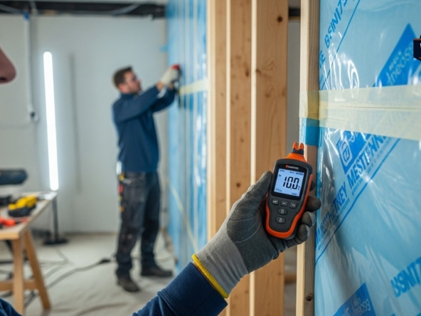 Professional using moisture meter on wall