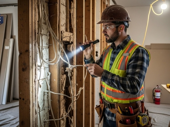 Professional contractor inspecting exposed wall framing
