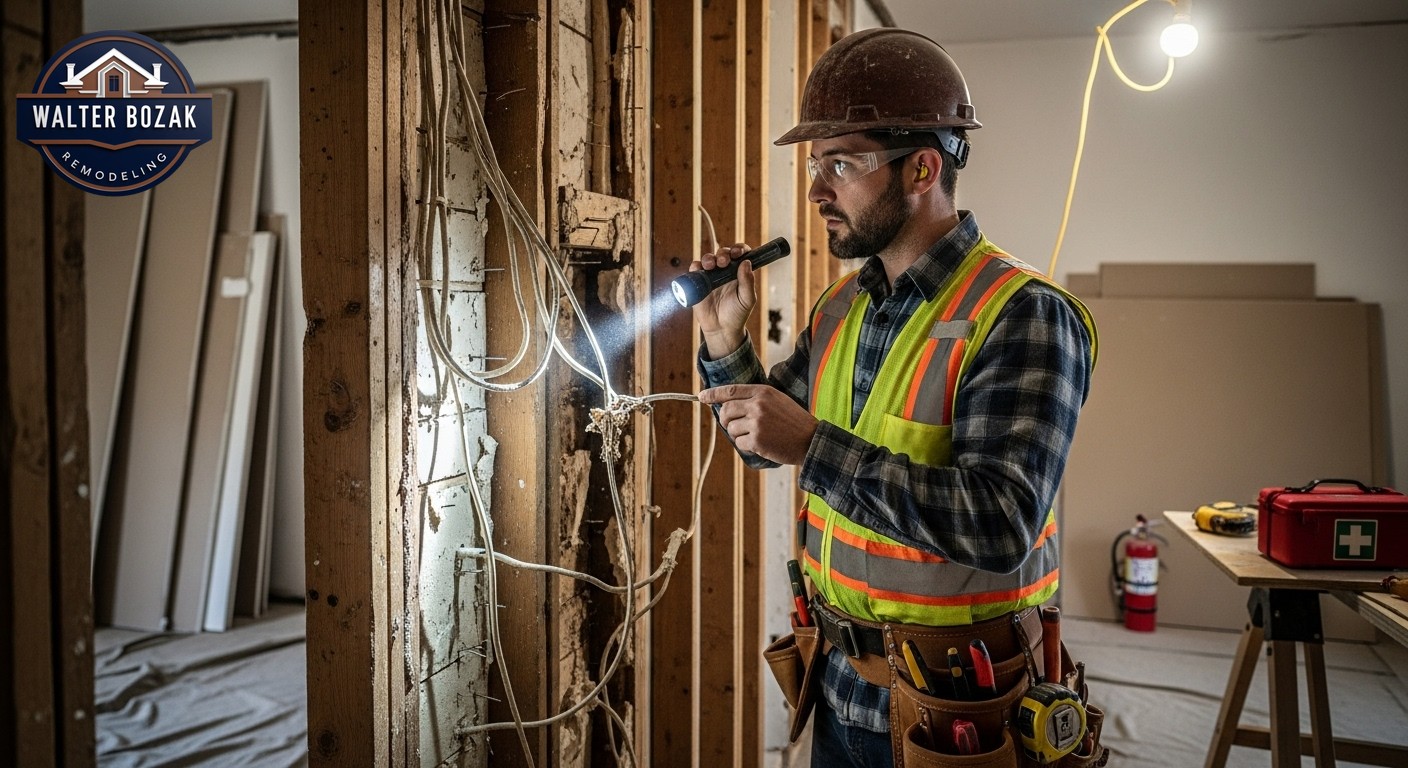 Professional contractor inspecting exposed wall framing